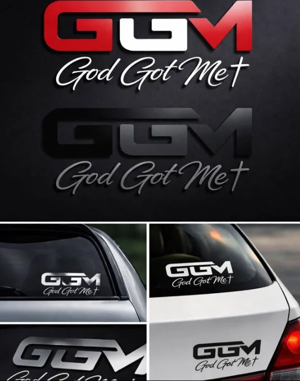 GGM God Got Me decals in red, black, silver and white, shown on car windows