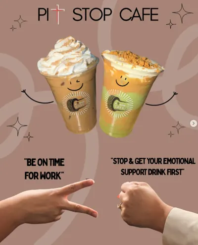 Pitstop Cafe post: two iced drinks with whipped topping, one with a smiley face, under the Pit Stop Cafe logo