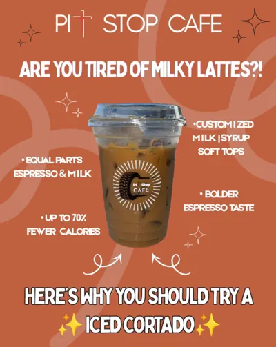 Pitstop Cafe post about the iced cortado: equal parts espresso and milk