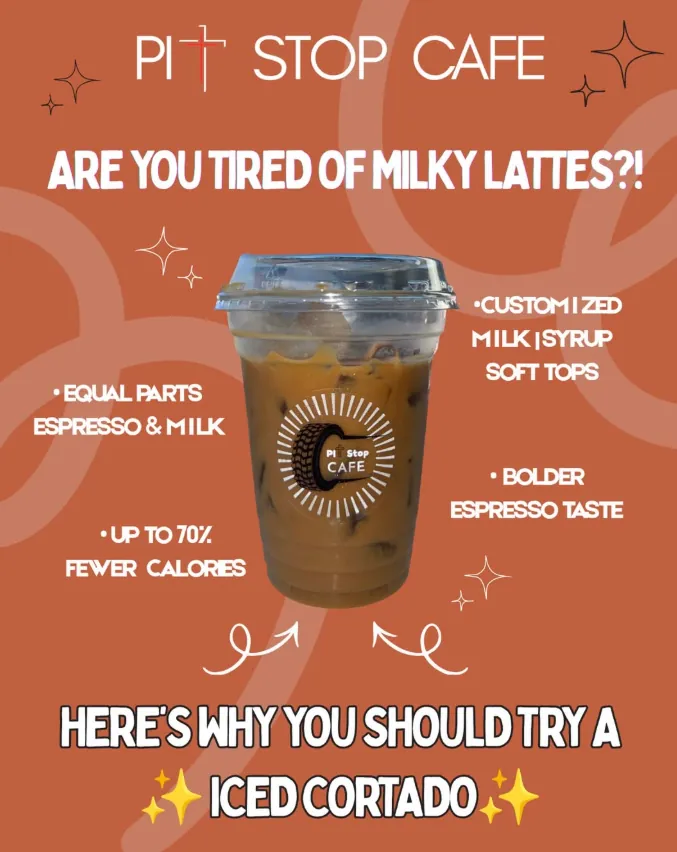 A Pitstop Cafe iced cortado in a branded cup